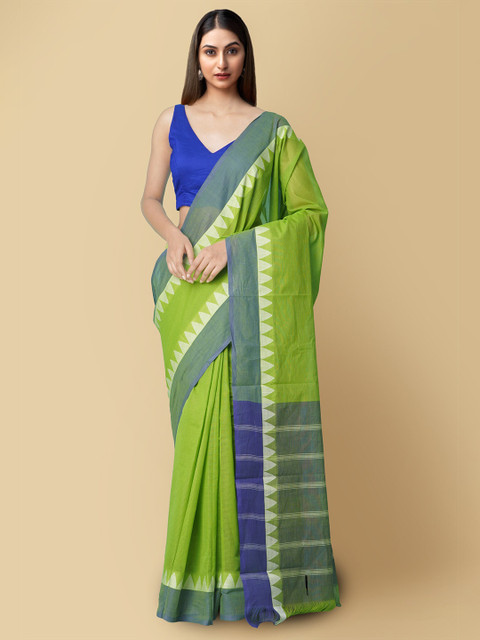 

Unnati Silks Green & Blue Striped Pure Cotton Mangalagiri Sustainable Saree