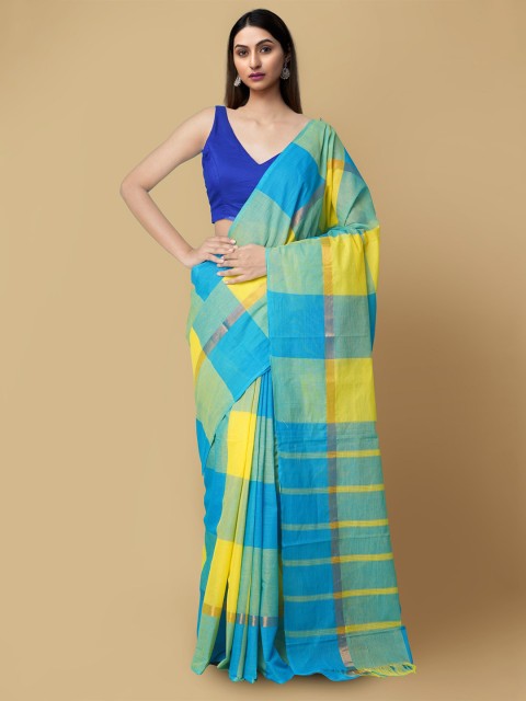 

Unnati Silks Blue & Yellow Checked Zari Pure Cotton Mangalagiri Sustainable Saree