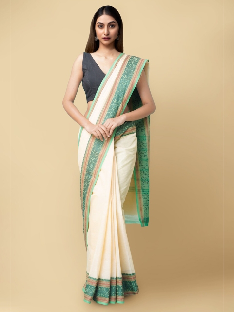 

Unnati Silks Cream-Coloured & Green Pure Cotton Chettinad Saree