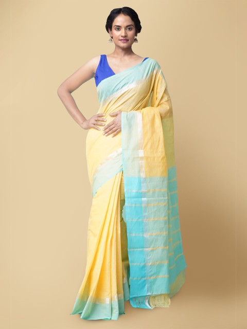 

Unnati Silks Yellow & Blue Zari Pure Cotton Mangalagiri Sustainable Saree