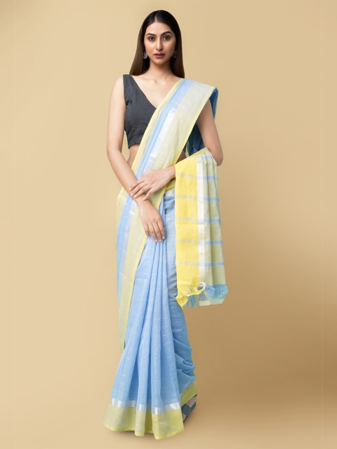 

Unnati Silks Blue & Yellow Checked Zari Pure Cotton Mangalagiri Sustainable Saree