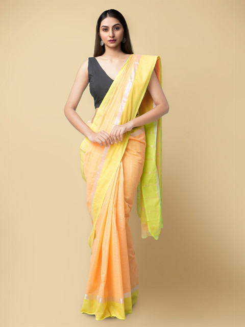 

Unnati Silks Women Orange & Green Pure Pavani Mangalagiri Cotton Saree