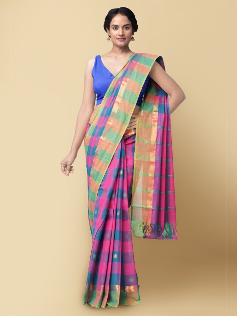 

Unnati Silks Pink & Blue Checked Zari Pure Cotton Chettinad Sustainable Saree