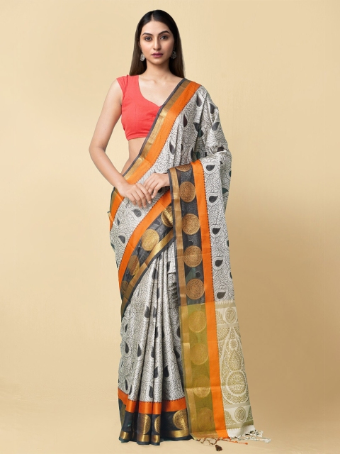 

Unnati Silks Grey & Gold-Toned Ethnic Motifs Zari Art Silk Patola Sustainable Saree
