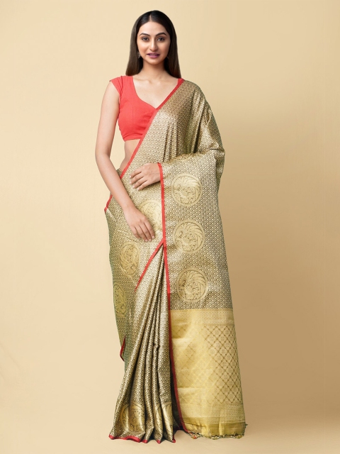 

Unnati Silks Grey & Gold-Toned Woven Design Zari Art Silk Patola Sustainable Saree