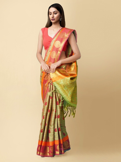 

Unnati Silks Green & Maroon Woven Design Zari Art Silk Patola Sustainable Saree