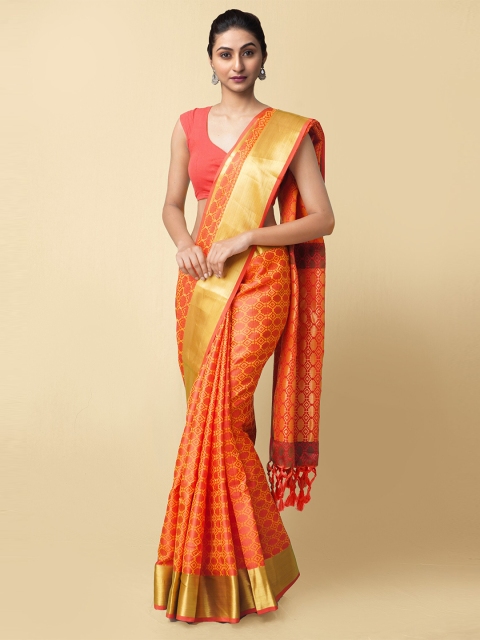 

Unnati Silks Orange & Gold-Toned Woven Design Zari Art Silk Patola Sustainable Saree