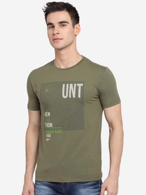 

JADE BLUE Men Olive Green Typography Printed Slim Fit Pure Cotton T-shirt