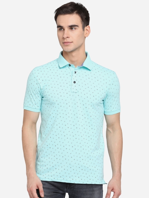 

JADE BLUE Men Blue Printed Polo Collar Pure Cotton Slim Fit Pure Cotton T-shirt