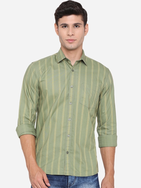 

JADE BLUE Men Green & Yellow Slim Fit Opaque Striped Pure Cotton Casual Shirt