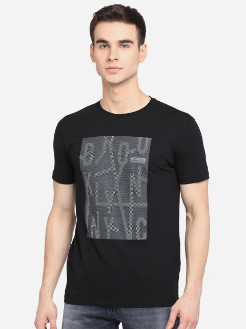 

JADE BLUE Men Black Grey Typography Printed Pure Cotton Slim Fit Pure Cotton T-shirt