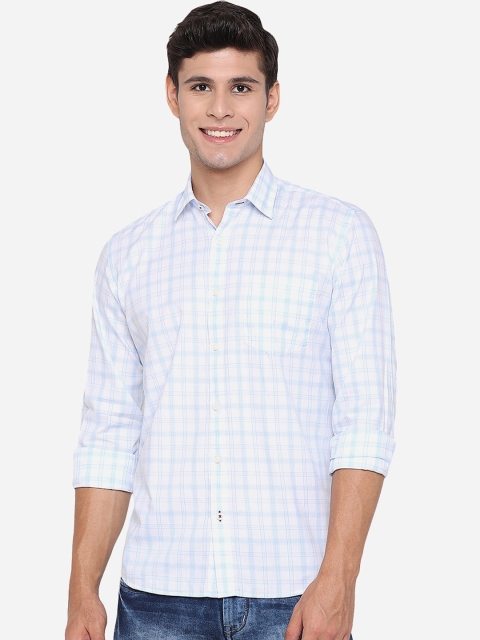 

JADE BLUE Men Blue & White Slim Fit Opaque Checked Pure Cotton Casual Shirt