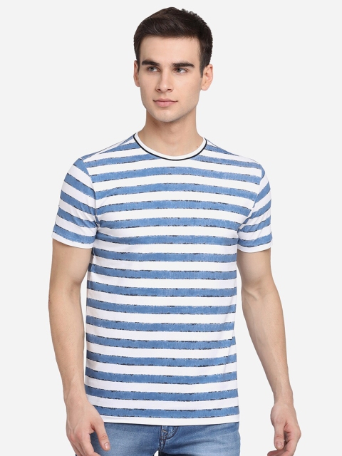 

JADE BLUE Men White Blue Striped Pure Cotton Slim Fit Pure Cotton T-shirt