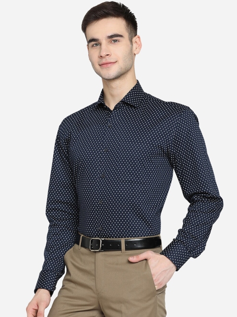 

JADE BLUE Men Navy Blue & White Opaque Printed Pure Cotton Formal Shirt