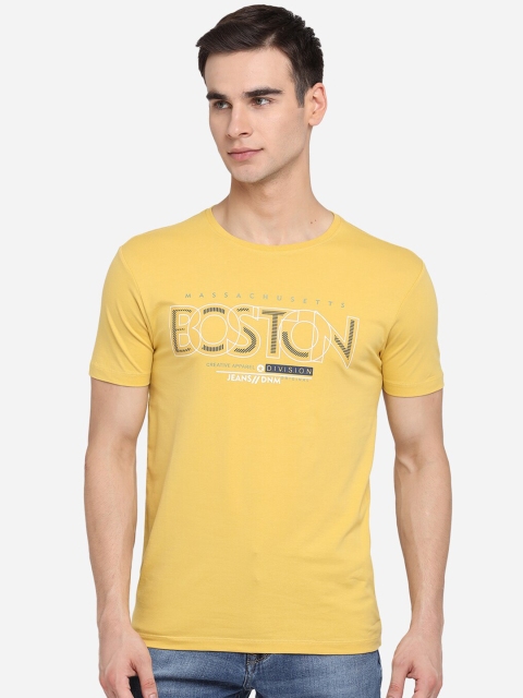 

JADE BLUE Men Yellow Typography Printed Pure Cotton Slim Fit Pure Cotton T-shirt