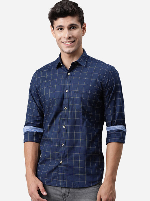 

JADE BLUE Men Navy Blue Slim Fit Windowpane Checked Opaque Pure Cotton Casual Shirt