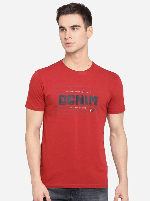 

JADE BLUE Men Red Typography Printed Pure Cotton Slim Fit Pure Cotton T-shirt