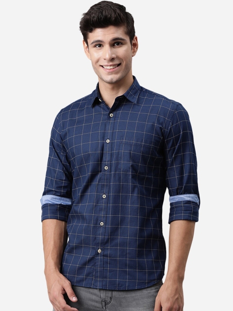 

JADE BLUE Men Blue Slim Fit Windowpane Checks Pure Cotton Checked Casual Shirt