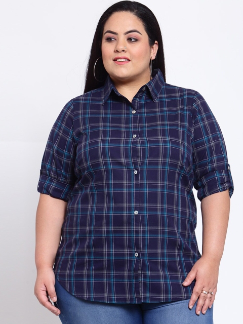 

plusS Women Navy Blue Tartan Checks Opaque Checked Casual Shirt