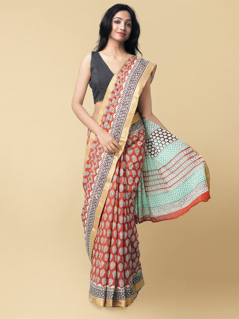 

Unnati Silks Women Red & Black Pure Preet Bagru Mulmul Cotton Saree