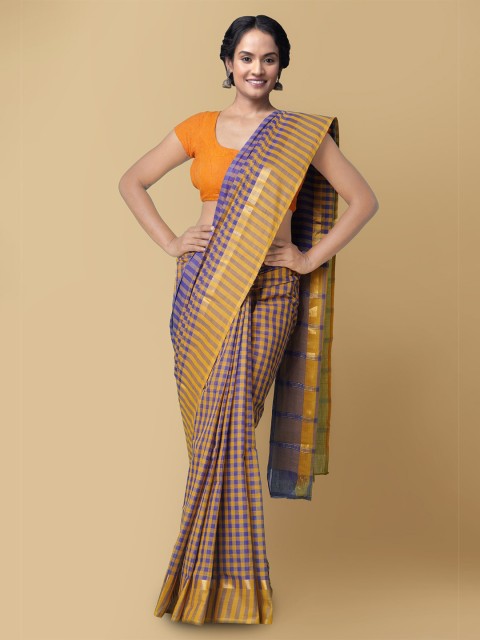 

Unnati Silks Blue & Yellow Checked Zari Pure Cotton Mangalagiri Saree