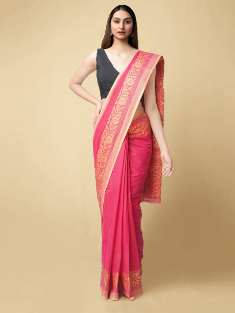 

Unnati Silks Pink & Gold-Toned Woven Design Pure Cotton Chettinad Saree