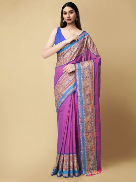 

Unnati Silks Pink & Blue Woven Design Pure Cotton Chettinad Saree