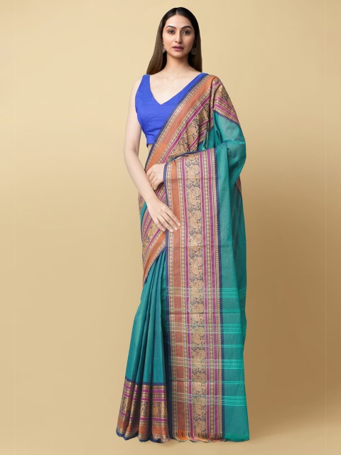 

Unnati Silks Green & Gold-Toned Woven Design Pure Cotton Chettinad Saree