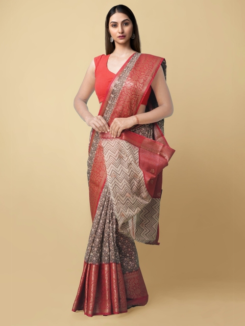 

Unnati Silks Grey & Cream-Coloured Floral Printed Zari Silk Cotton Maheshwari Saree