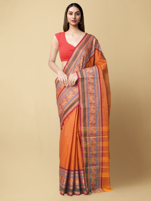 

Unnati Silks Orange & Maroon Woven Design Pure Cotton Chettinad Saree