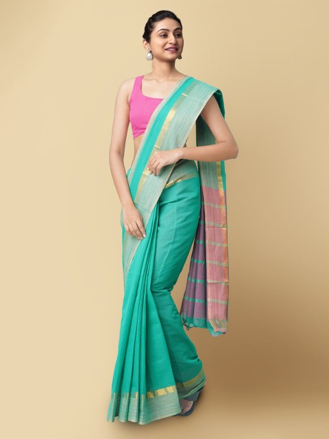 

Unnati Silks Green & Pink Woven Design Zari Pure Cotton Mangalagiri Saree