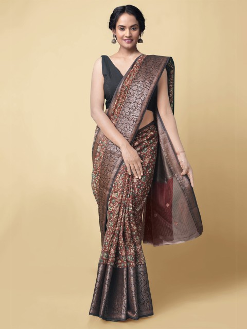 

Unnati Silks Red & Beige Woven Design Silk Cotton Maheshwari Saree
