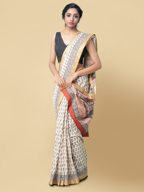 

Unnati Silks Women Beige & Black Pure Preet Bagru Mulmul Cotton Sustainable Saree