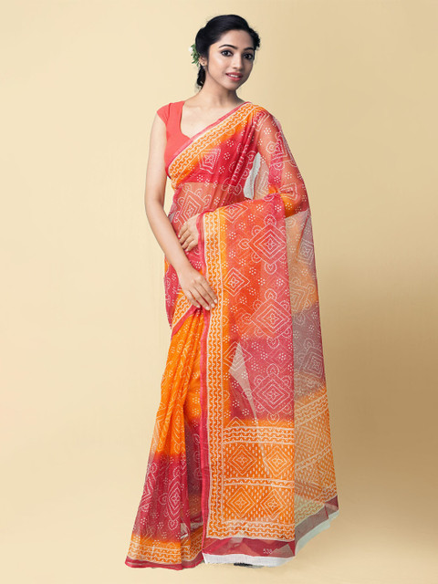 

Unnati Silks Orange & Red Bandhani Printed Pure Cotton Kota Saree