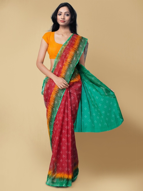 

Unnati Silks Women Maroon & Green Pure Bandhani Cotton Sustainable Saree