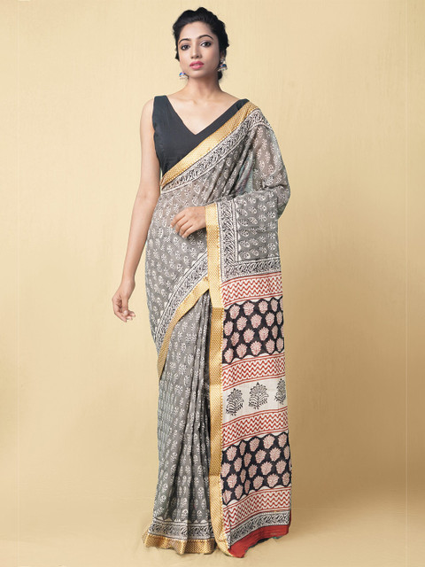 

Unnati Silks Women Grey & Black Pure Preet Bagru Mulmul Cotton Sustainable Saree
