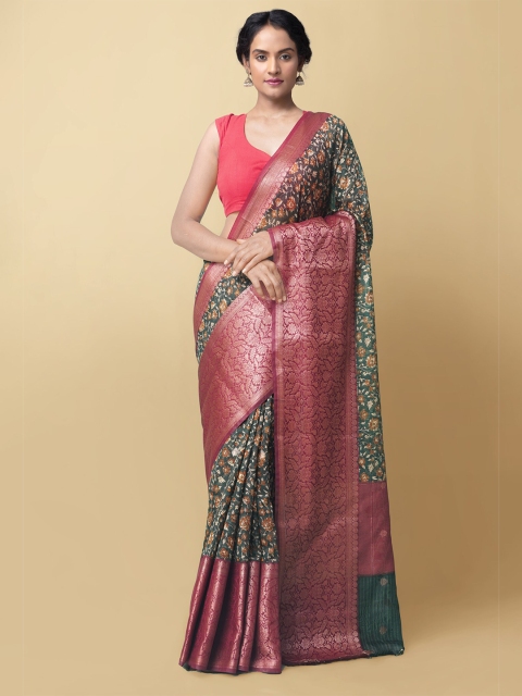 

Unnati Silks Green & Maroon Floral Printed Zari Silk Cotton Handloom Maheshwari Saree