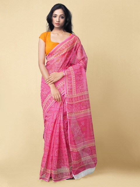 

Unnati Silks Pink & White Bandhani Printed Pure Cotton Handloom Kota Saree