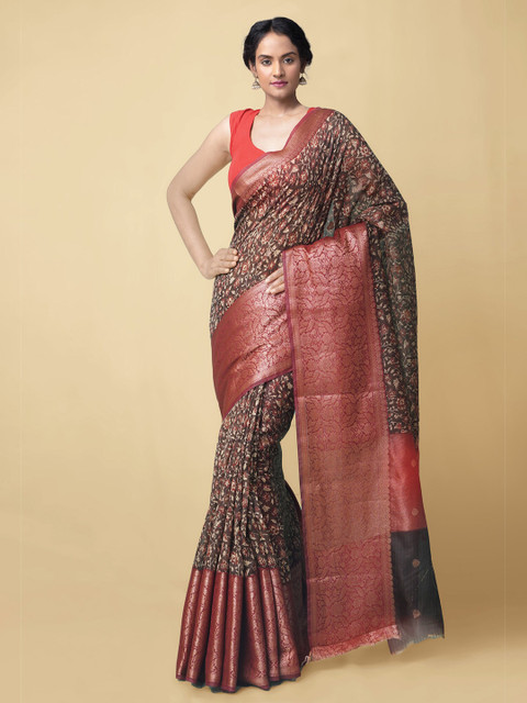 

Unnati Silks Grey & Maroon Woven Design Silk Cotton Handloom Maheshwari Saree