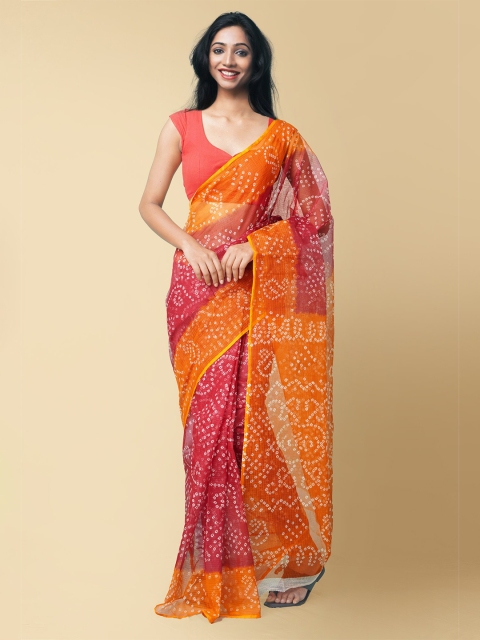 

Unnati Silks Women Maroon & Orange Pure Bandhani Cotton Sustainable Saree