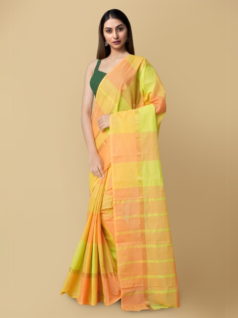 

Unnati Silks Women Orange & Lime Green Pure Pavani Mangalagiri Cotton Sustainable Saree