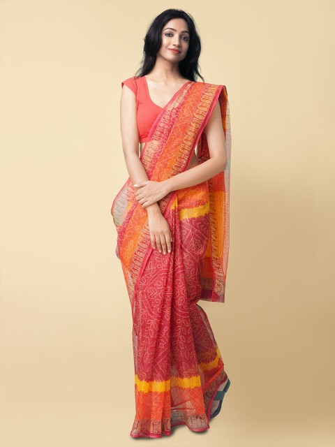 

Unnati Silks Red & Yellow Bandhani Printed Pure Cotton Kota Saree