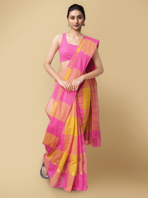

Unnati Silks Pink & Yellow Woven Design Zari Pure Cotton Handloom Mangalagiri Saree
