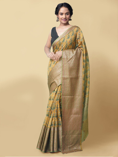 

Unnati Silks Yellow & Green Floral Printed Silk Cotton Handloom Maheshwari Saree