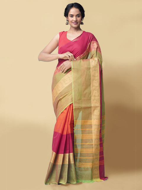 

Unnati Silks Magenta & Gold-Toned Woven Design Pure Cotton Handloom Chettinad Saree