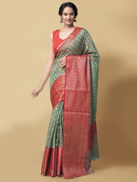 

Unnati Silks Green & Red Floral Silk Cotton Maheshwari Saree
