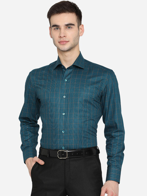 

METAL Men Green Slim Fit Opaque Checked Formal Shirt