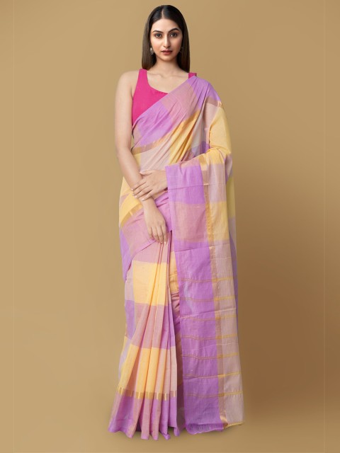 

Unnati Silks Violet & Orange Checked Zari Pure Cotton Mangalagiri Sustainable Saree