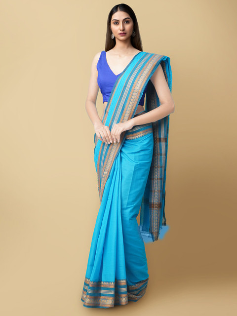 

Unnati Silks Blue & Gold-Toned Woven Design Pure Cotton Handloom Chettinad Saree