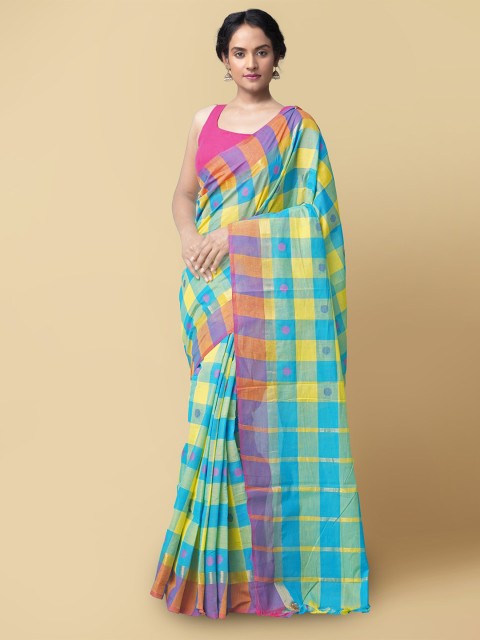

Unnati Silks Blue & Pink Checked Zari Pure Cotton Chettinad Saree